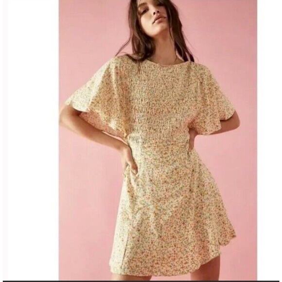 NWT Free People Florence Mini Dress Ivory Yellow Combo Large Flounce Fairy - Picture 1 of 16